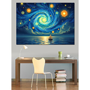 Girdaplı Gökyüzü Ve Yelkenli Dekoratif Kanvas - Mdf Ahşap Tablo 100x140 cm