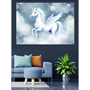Gökyüzünde Beyaz Unicorn Dekoratif Kanvas - Mdf Ahşap Tablo 70x100 cm