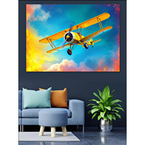 Gökyüzünde Sarı Uçak Dekoratif Kanvas - Mdf Ahşap Tablo 100x140 cm