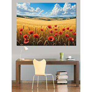 Gelincik Tarlası Mavi Gökyüzü Dekoratif Kanvas - Mdf Ahşap Tablo 25x35 cm