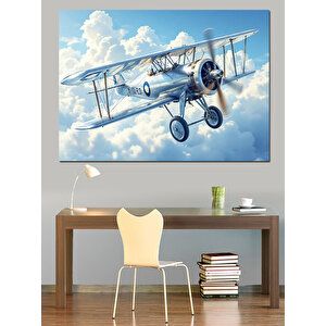 Bulutlu Gökyüzü Uçağı Dekoratif Kanvas - Mdf Ahşap Tablo 100x140 cm