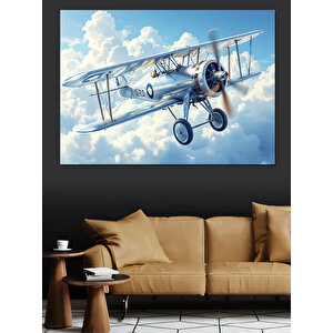 Bulutlu Gökyüzü Uçağı Dekoratif Kanvas - Mdf Ahşap Tablo 100x140 cm
