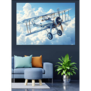 Bulutlu Gökyüzü Uçağı Dekoratif Kanvas - Mdf Ahşap Tablo