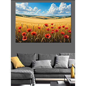 Gelincik Tarlası Mavi Gökyüzü Dekoratif Kanvas - Mdf Ahşap Tablo