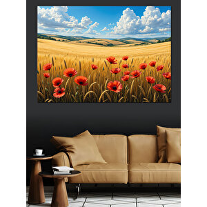 Gelincik Tarlası Mavi Gökyüzü Dekoratif Kanvas - Mdf Ahşap Tablo