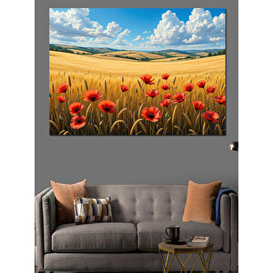 Gelincik Tarlası Mavi Gökyüzü Dekoratif Kanvas - Mdf Ahşap Tablo 100x140 cm