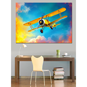 Gökyüzünde Sarı Uçak Dekoratif Kanvas - Mdf Ahşap Tablo