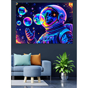 Uzayda Baloncuk Üfleyen Astronot Dekoratif Kanvas - Mdf Ahşap Tablo 35x50 cm