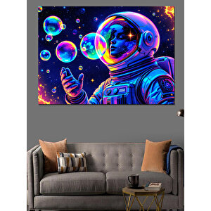 Uzayda Baloncuk Üfleyen Astronot Dekoratif Kanvas - Mdf Ahşap Tablo 35x50 cm