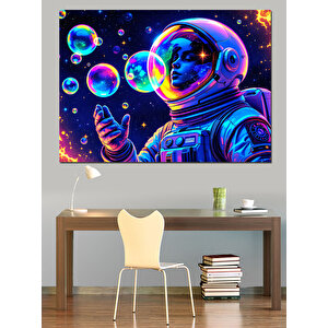 Uzayda Baloncuk Üfleyen Astronot Dekoratif Kanvas - Mdf Ahşap Tablo 35x50 cm