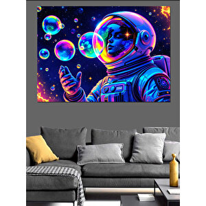 Uzayda Baloncuk Üfleyen Astronot Dekoratif Kanvas - Mdf Ahşap Tablo