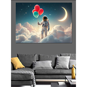 Balonlu Uzay Astronotu Dekoratif Kanvas - Mdf Ahşap Tablo 100x140 cm