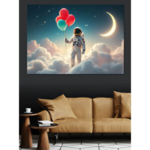Balonlu Uzay Astronotu Dekoratif Kanvas - Mdf Ahşap Tablo 100x140 cm