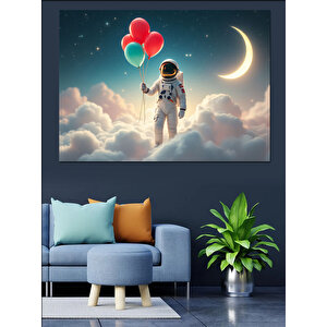 Balonlu Uzay Astronotu Dekoratif Kanvas - Mdf Ahşap Tablo 100x140 cm