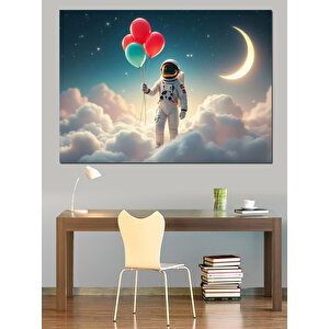 Balonlu Uzay Astronotu Dekoratif Kanvas - Mdf Ahşap Tablo