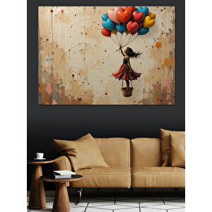 Balonlu Yükselen Kız Figürü Dekoratif Kanvas - Mdf Ahşap Tablo 35x50 cm
