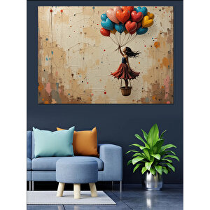 Balonlu Yükselen Kız Figürü Dekoratif Kanvas - Mdf Ahşap Tablo 35x50 cm