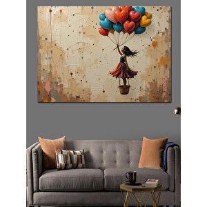 Balonlu Yükselen Kız Figürü Dekoratif Kanvas - Mdf Ahşap Tablo 35x50 cm