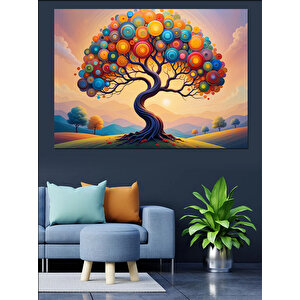 Balonlu Masalsı Renkli Ağaç Dekoratif Kanvas - Mdf Ahşap Tablo 100x140 cm