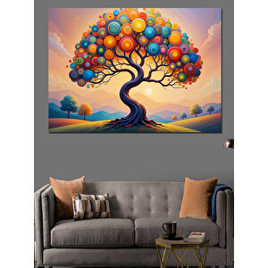 Balonlu Masalsı Renkli Ağaç Dekoratif Kanvas - Mdf Ahşap Tablo 100x140 cm