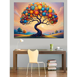 Balonlu Masalsı Renkli Ağaç Dekoratif Kanvas - Mdf Ahşap Tablo 100x140 cm