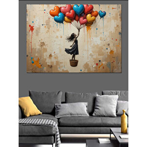 Balonlarla Uçan Küçük Kız Dekoratif Kanvas - Mdf Ahşap Tablo 35x50 cm