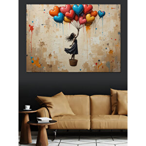 Balonlarla Uçan Küçük Kız Dekoratif Kanvas - Mdf Ahşap Tablo 35x50 cm