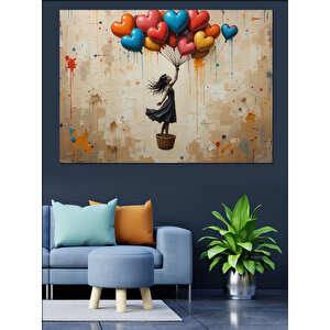 Balonlarla Uçan Küçük Kız Dekoratif Kanvas - Mdf Ahşap Tablo 35x50 cm