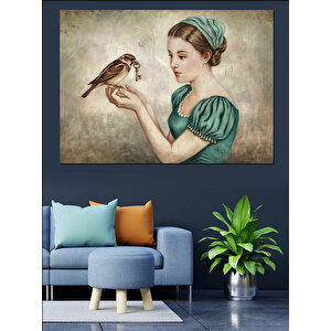 Kuş Tutan Kadın Dekoratif Kanvas - Mdf Ahşap Tablo 70x100 cm