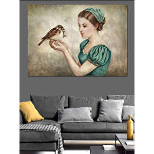 Kuş Tutan Kadın Dekoratif Kanvas - Mdf Ahşap Tablo
