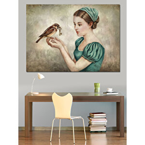 Kuş Tutan Kadın Dekoratif Kanvas - Mdf Ahşap Tablo 35x50 cm