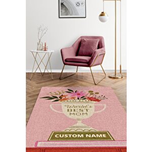 Dünyanın En İyi Annesi Kişiye Özel Kişiselleştirilebilir Dokuma Tabanlı Yıkanabilir Dekoratif Ev Halısı 120x180 cm