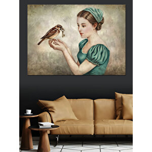 Kuş Tutan Kadın Dekoratif Kanvas - Mdf Ahşap Tablo