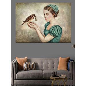 Kuş Tutan Kadın Dekoratif Kanvas - Mdf Ahşap Tablo 100x140 cm
