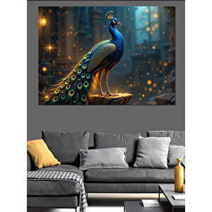 Parlak Kuyruklu Zarif Tavus Kuşu Dekoratif Kanvas - Mdf Ahşap Tablo 100x140 cm
