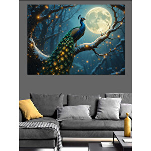 Dolunayda Dallarda Tavus Kuşu Dekoratif Kanvas - Mdf Ahşap Tablo 50x70 cm