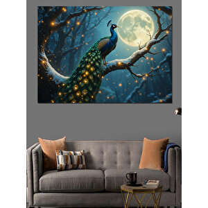 Dolunayda Dallarda Tavus Kuşu Dekoratif Kanvas - Mdf Ahşap Tablo