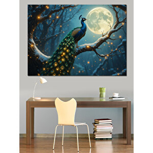 Dolunayda Dallarda Tavus Kuşu Dekoratif Kanvas - Mdf Ahşap Tablo