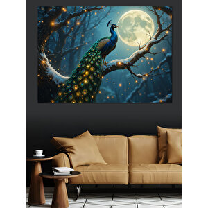 Dolunayda Dallarda Tavus Kuşu Dekoratif Kanvas - Mdf Ahşap Tablo 100x140 cm