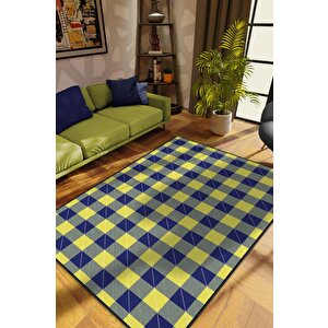 Ekose Desenli Halı Sarı Lacivert Renk Salon Halısı Tasarım Halı Hasır Görünümlü Ekose Halı 100x150 cm