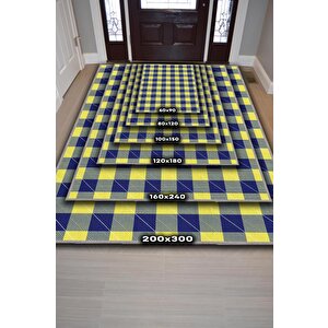 Homshtag Ekose Desenli Halı Sarı Lacivert Renk Salon Halısı Tasarım Halı Hasır Görünümlü Ekose Halı