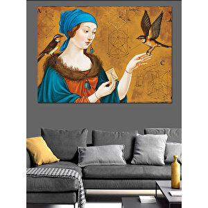 Klasik Kadın Portresi Ve Kuş Dekoratif Kanvas - Mdf Ahşap Tablo