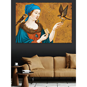 Klasik Kadın Portresi Ve Kuş Dekoratif Kanvas - Mdf Ahşap Tablo