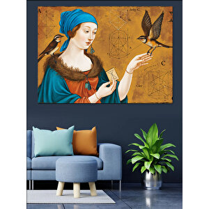 Klasik Kadın Portresi Ve Kuş Dekoratif Kanvas - Mdf Ahşap Tablo 100x140 cm