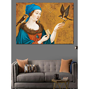 Klasik Kadın Portresi Ve Kuş Dekoratif Kanvas - Mdf Ahşap Tablo 100x140 cm