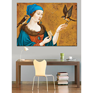 Klasik Kadın Portresi Ve Kuş Dekoratif Kanvas - Mdf Ahşap Tablo 100x140 cm