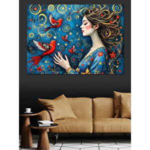 Renkli Kuş Ve Kadın Dekoratif Kanvas - Mdf Ahşap Tablo 35x50 cm