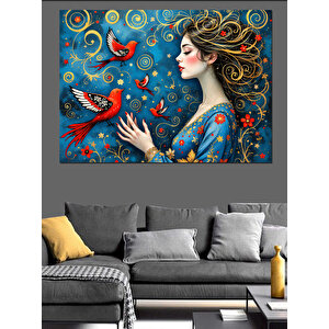 Renkli Kuş Ve Kadın Dekoratif Kanvas - Mdf Ahşap Tablo 100x140 cm