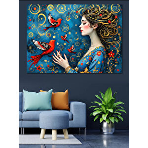 Renkli Kuş Ve Kadın Dekoratif Kanvas - Mdf Ahşap Tablo 100x140 cm