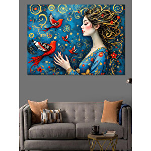 Renkli Kuş Ve Kadın Dekoratif Kanvas - Mdf Ahşap Tablo